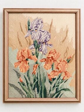 Vintage Framed Floral Needlepoint Wall Art - Orange & Lavender Irises